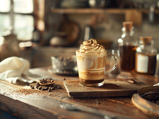 Photography of a dalgona coffee with a whipped cream peak in a cozy home setting