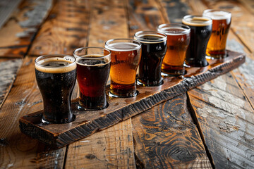 Photography of a microbrewery beer flight with a variety of ales on a reclaimed wood table - obrazy, fototapety, plakaty