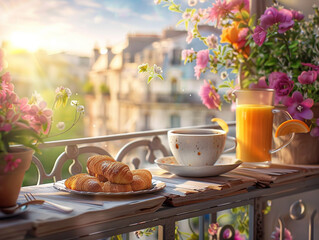 Photography of a morning breakfast scene with orange juice coffee and pastries on a balcony - obrazy, fototapety, plakaty