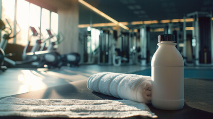 Photography of a protein shake bottle with gym equipment and towels in a fitness center