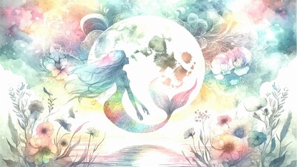 Obraz na płótnie Canvas mermaid, with the moon , children fantasy, Princess , magical, dreamy sea, spectacular landscape, silhouette of mermaid