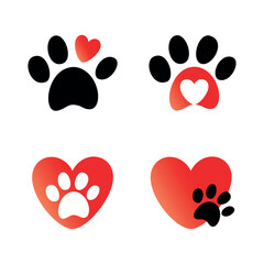 Paw print with heart icons isolated on white background. Collection of paw and heart vector icons.
