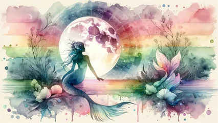 Zelfklevend Fotobehang Illustration of mermaid with the moon , children fantasy, Princess , magical, dreamy sea, spectacular landscape, silhouette of mermaid © ELISA