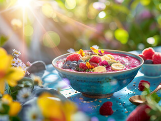 Photography of a smoothie bowl with vibrant colorful toppings in a bright sunny setting