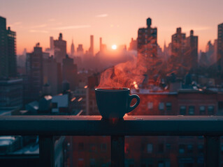 Photography of a steaming hot coffee cup on a balcony overlooking a cityscape at dawn