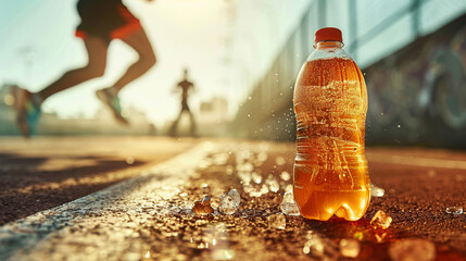Photography of a sports drink bottle with an athlete blurred in action in the background