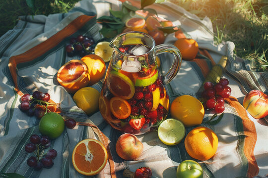 Photography of a pitcher of sangria surrounded by fresh fruit ingredients on a picnic blanket