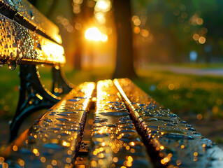 Photography of dewdrops on a park bench capturing the quiet of early morning