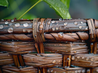 Photography of dewdrops on a woven basket outdoors capturing the texture contrast