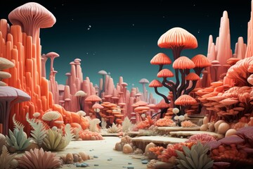 3D rendering of a mushroomfilled landscape with trees in a natural environment