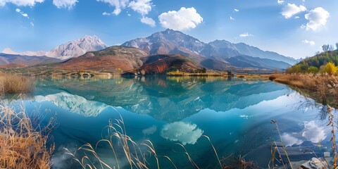 Mysterious mountain lake with turquoise water in the autumn day. Zen lake. Beautiful reflection of mountains and autumn foliage Panoramic view of mountain lake. - Powered by Adobe