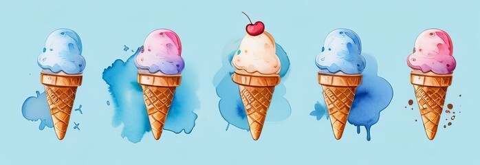 Set colorful ice cream cones pattern isolated on watercolor blue background. Copy space banner with place for text. ice cream. Summer dessert and sweet. Soft serve element. Summer creative concept - obrazy, fototapety, plakaty