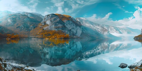 Mysterious mountain lake with turquoise water in the autumn day. Zen lake. Beautiful reflection of mountains and autumn foliage Panoramic view of mountain lake.