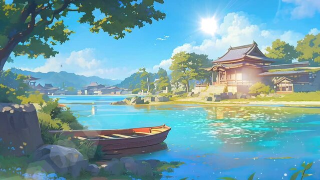 Anime wooden boat on the lake. Peaceful lofi loop animation. 