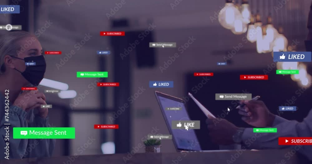 Poster animation of text and data processing over diverse business people in office