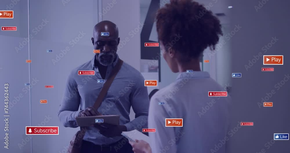 Poster animation of text and data processing over diverse business people in office
