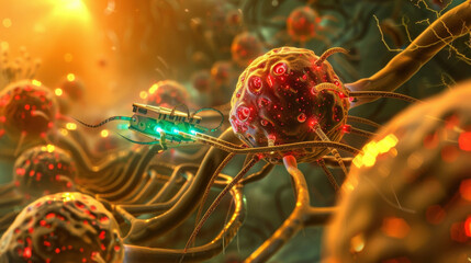 Detailed image of a nanorobot navigating through the maze of vessels targeting the tumor site with precision.