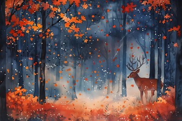A delicate fawn stands amidst a flurry of falling leaves in an enchanted autumnal forest, watercolor.