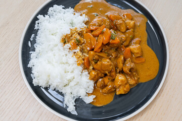 A plate of chicken curry with rice.