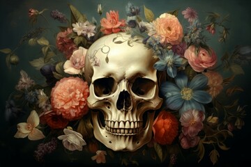 Skull flowers art. Texture object. Generate Ai