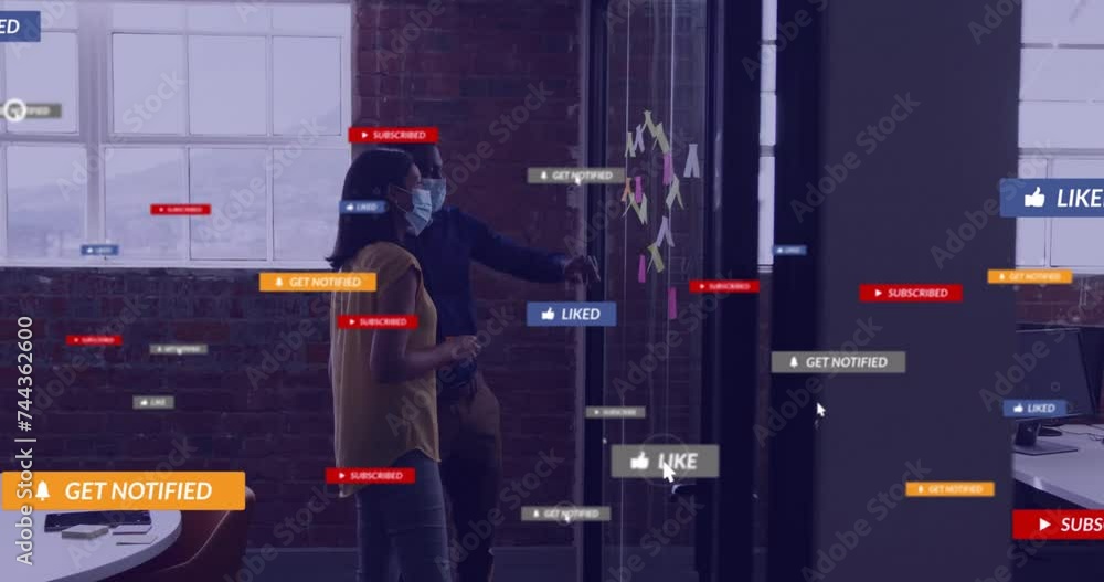 Wall mural Animation of text and data processing over diverse business people in office