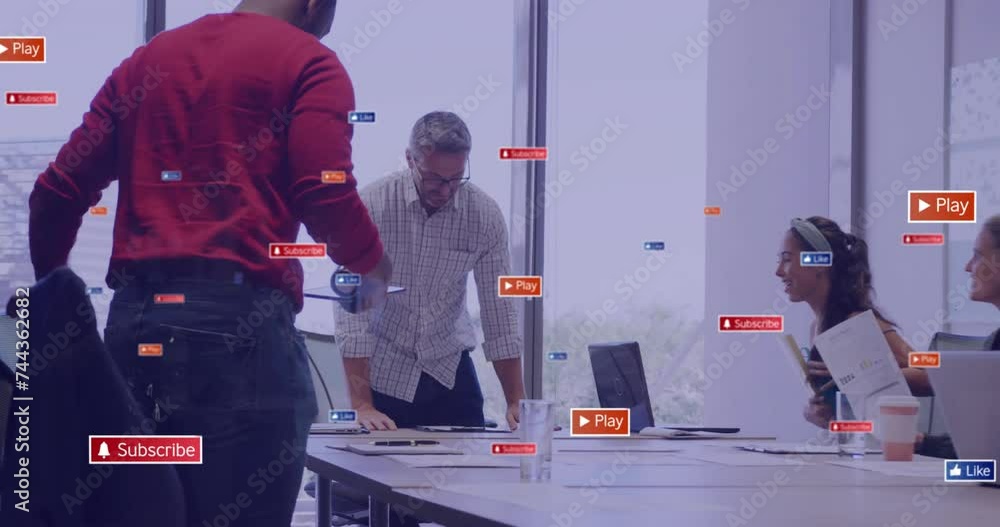 Poster Animation of text and data processing over diverse business people in office