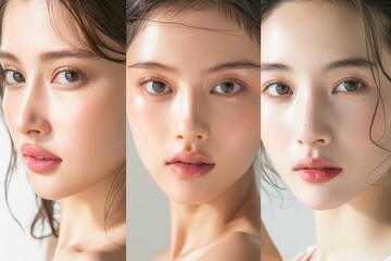 Fototapeta premium 肌の綺麗な日本人モデルが3人並んでる美容広告風写真（美容整形・プチ整形・美肌）