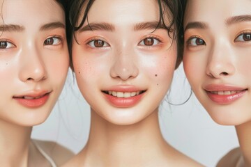 肌の綺麗な日本人モデルが3人並んでる美容広告風写真（美容整形・プチ整形・美肌） - obrazy, fototapety, plakaty