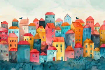 A cityscape in watercolor, with pastel buildings and a chubby pigeon