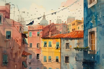 A cityscape in watercolor, with pastel buildings and a chubby pigeon