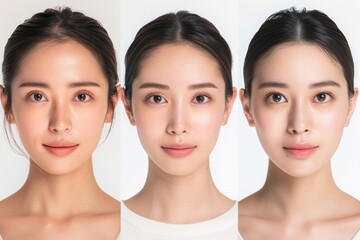 肌の綺麗な日本人モデルが3人並んでる美容広告風写真（美容整形・プチ整形・美肌） - obrazy, fototapety, plakaty