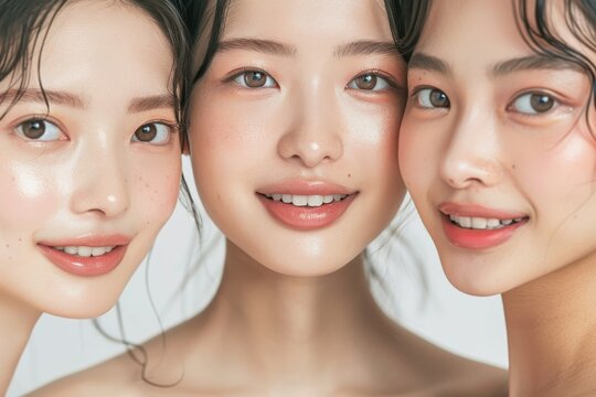 肌の綺麗な日本人モデルが3人並んでる美容広告風写真（美容整形・プチ整形・美肌）