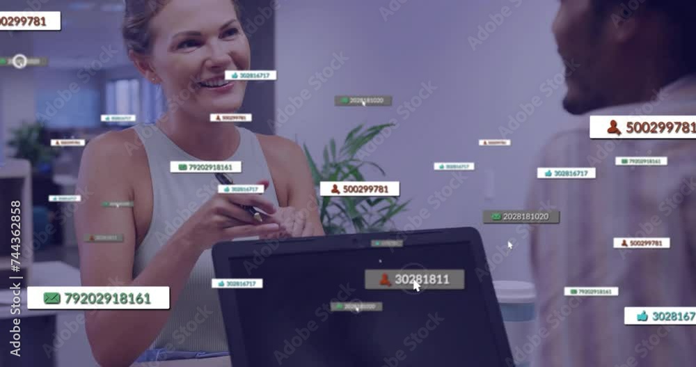 Poster animation of text and data processing over diverse business people in office