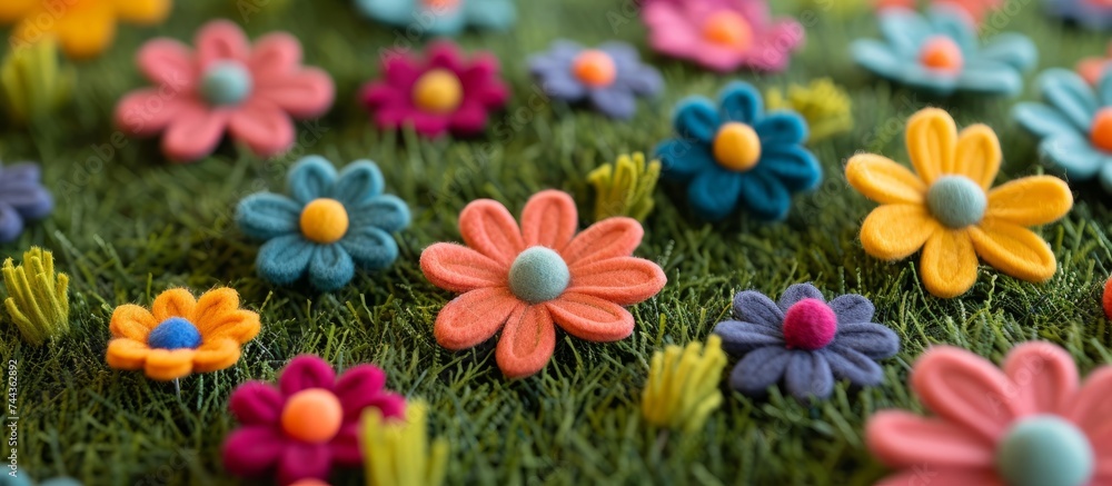 Wall mural Vibrant and colorful handmade felt flowers laying beautifully on fresh green grass in the garden