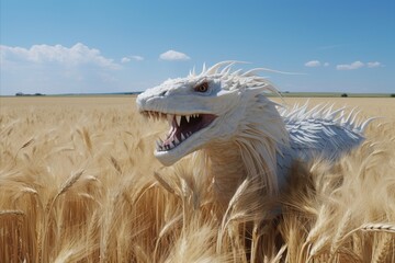 Albino dinosaur roams Ecoregion field of wheat under sky