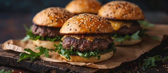 Close up of delicious gourmet hamburgers on rustic wooden board, food photography concept