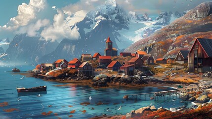 Picturesque village on coast of Greenland. digital art
