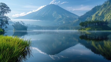 The volcano is reflected on the lake, Volcanic mountain in morning light reflected in calm waters of lake.