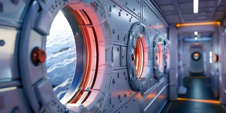 Porthole of the space station. SciFi Spaceship Corridor 3d rendering, shuttle interior. window to the open space view. The Porthole Of the Spacecraft.