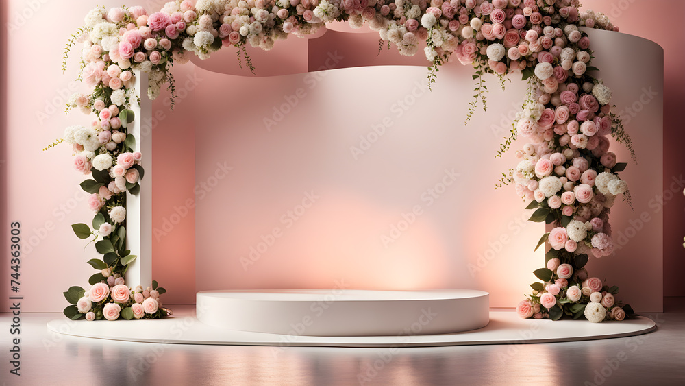 Poster surreal-floral-background-featuring-a-close-up-view-of-a-podium-for-display-mock-up-studio-environm