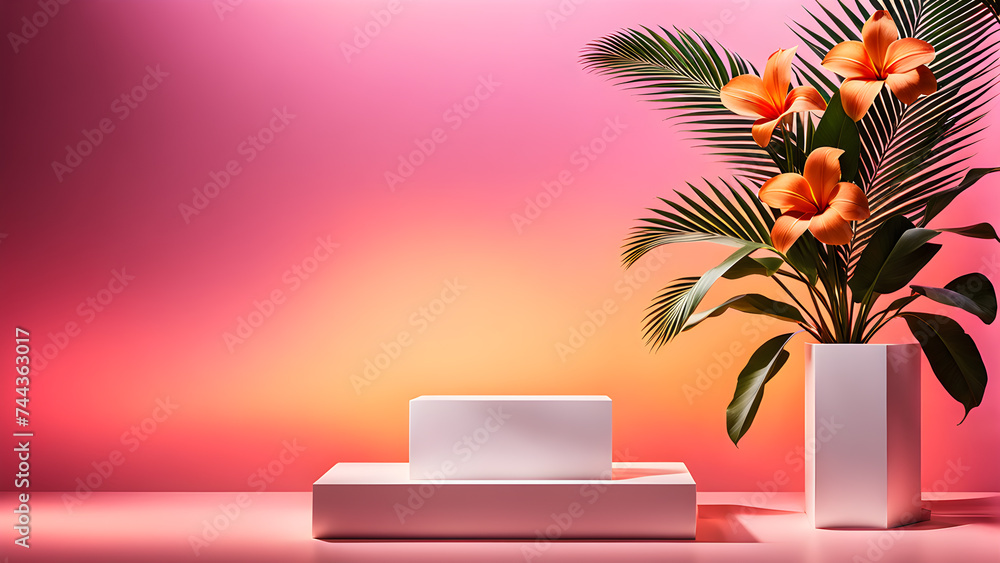 Poster surreal-tropical-floral-background-displaying-a-close-up-of-a-podium-in-a-studio-setup-for-a-mock-up
