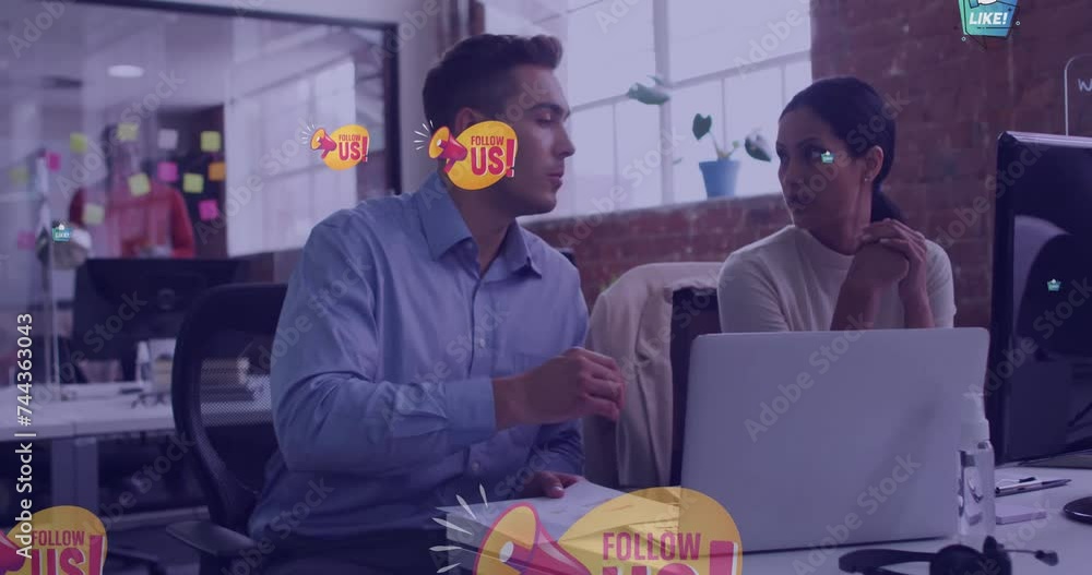 Poster animation of text and data processing over diverse business people in office