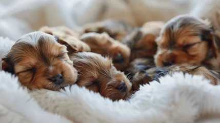 Fotobehang Snuggly Puppies, a litter of newborn puppies cuddled up together on a white blanket, with soft fur and sleepy expressions, background image, generative AI © Hifzhan Graphics