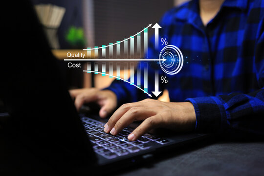 Increasing quality and reducing cost with man working on laptop computer production goal planning  to increase business profit such as eliminating unnecessary processes or using modern machinery