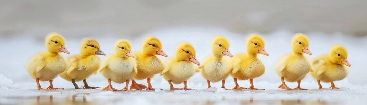 Fuzzy Ducklings, a row of fuzzy ducklings waddling along on a white surface, background image, generative AI