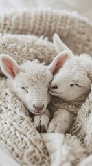 Cuddly Lambs, a pair of cuddly lambs snuggled up together on a white blanket, with soft wooly coats and contented expressions, background image, generative AI