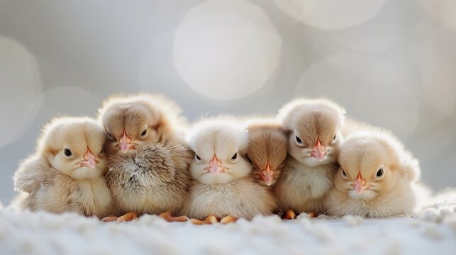 Fluffy Chicks, a group of fluffy chicks huddled together on a white surface, background image, generative AI