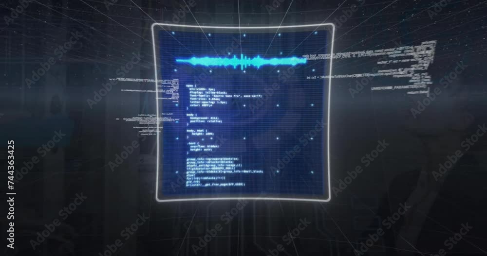 Poster animation of digital data processing over screen on black background