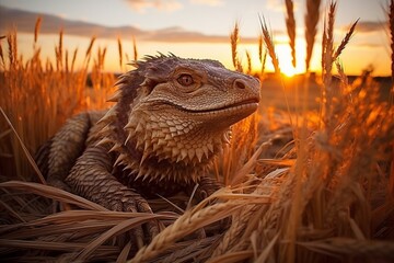Scaled reptile perched on grass at sunset in woodland landscape