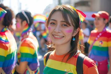 プライドパレードに参加する笑顔のLGBTQ当事者（ゲイ・レズビアン・セクシャルマイノリティ） - obrazy, fototapety, plakaty